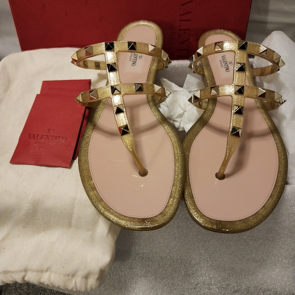Valentino Gold Glitter Jelly Rockstud sandals